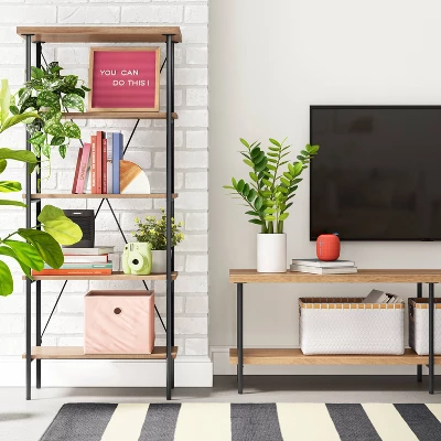 Mixed Material Media Tower Bookcase Natural - Room Essentials™ 4 Mixed Material Media Tower Bookcase Natural - Room Essentials™ - Image 2